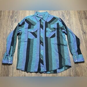 Vintage Wrangler Shirt Mens XL Blue Green Black Long Sleeve Pearl Snap
